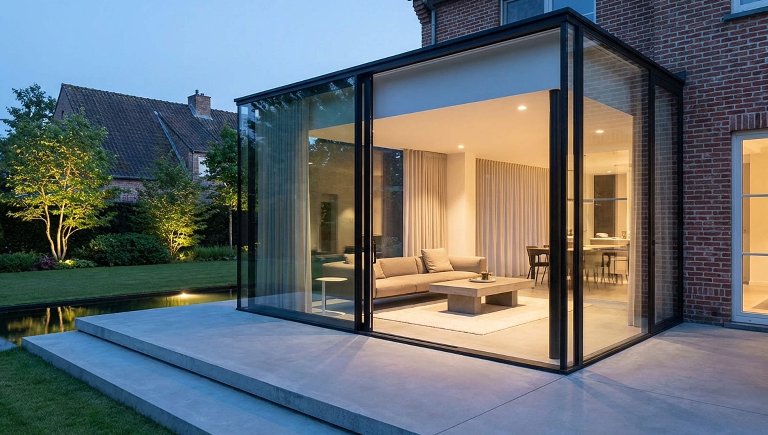 Extension vitrée moderne éclairée en soirée