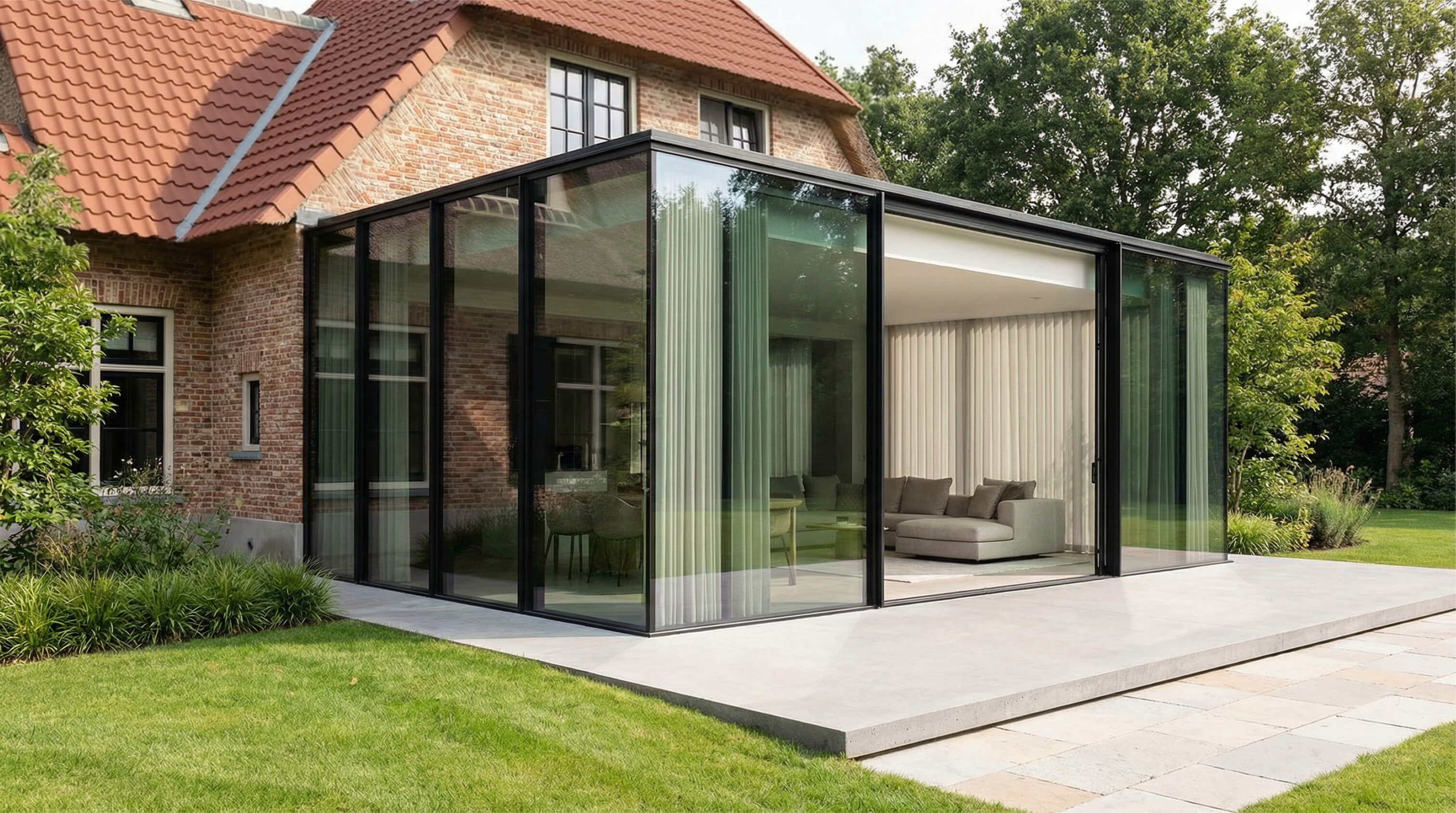 Extension moderne vitrée en angle avec structure noire